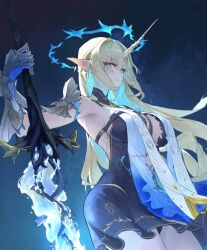 1girl artist_logo artist_name banana_(banana_2dart) bare_shoulders black_collar black_dress blonde_hair blue_hands breasts closed_mouth collar colored_inner_hair crown_of_thorns dress fleurdelys_(wuthering_waves) gauntlets hashtag-only_commentary highres holding holding_sword holding_weapon horns large_breasts logo looking_to_the_side multicolored_hair pointy_ears single_horn solo standing sword tabard weapon white_tabard wuthering_waves yellow_horns