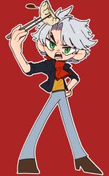 Rule 34 | 1boy, bandana, black jacket, brown shoes, chopsticks, classicaloid, deformed, dumpling, food, full body, green eyes, grey hair, highres, holding, holding chopsticks, jacket, jiaozi, kichino soto, long legs, ludwig van beethoven (classicaloid), male focus, open mouth, outline, red background, red bandana, shirt, shoes, short hair, solo, teeth, v-shaped eyebrows, white outline, yellow shirt