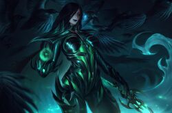 1girl absurdres bird black_bodystocking black_hair black_lips bodysuit breasts crow dagger green_bodysuit green_eyes green_light green_lines hela_(marvel) highres holding holding_dagger holding_knife holding_weapon knife large_breasts long_hair looking_at_viewer marvel marvel_rivals sleinyeswownc smile solo thor_(marvel)_(series) very_long_cape weapon