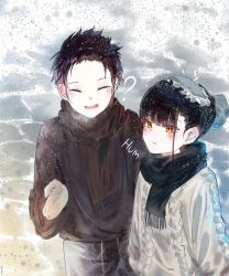 1boy 1girl ? black_hair black_scarf brown_hair brown_scarf closed_eyes couple hetero highres lake_(reikuu_ou) mittens original pout scarf short_hair snow yellow_eyes