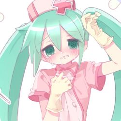 1girl @_@ aqua_eyes aqua_hair blush buttons collared_shirt gloves hand_on_own_chest hand_up hat hatsune_miku koiiro_byoutou_(vocaloid) long_hair looking_at_viewer mipi_(u3u_00) nurse nurse_cap pill pink_hat pink_shirt shirt simple_background solo tears teeth twintails upper_body vocaloid white_background yellow_gloves