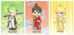3boys as1110311117o black_hair blonde_hair blue_eyes chibi chonmage commentary_request full_body green_hair hair_over_one_eye hat holding holding_sword holding_weapon japanese_clothes kimono korean_commentary male_focus monkey_d._luffy multiple_boys one_eye_closed one_piece red_kimono roronoa_zoro sanji_(one_piece) scar scar_across_eye scar_on_face smile straw_hat striped_clothes striped_kimono sword topknot vertical-striped_clothes vertical-striped_kimono weapon