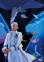 Rule 34 | 1boy, aquarium, blue eyes, blue ribbon, cane, classicaloid, closed mouth, clownfish, coat, dark-skinned male, dark skin, eel, fish, flying fish, highres, johann sebastian bach (classicaloid), lionfish, long sleeves, male focus, ponytail, ribbon, shorts, snail, solo, whale, white coat, white hair, white shorts, wolfgangcotton