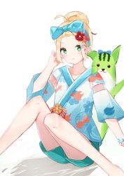 1girl absurdres blonde_hair blue_bow blue_hairband blue_kimono blue_shorts blush bow closed_mouth collarbone commentary_request feet_out_of_frame green_eyes hair_bun hairband hand_up heaven_burns_red highres japanese_clothes kimono knees_together_feet_apart knees_up long_sleeves looking_at_viewer ooshima_yotsuha short_shorts shorts sitting solo white_background wide_sleeves yukaa