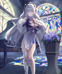 1girl absurdres angel bare_hips bare_shoulders blue_eyes breasts cleavage commission demon_horns elbow_gloves feather_boa felfia gloves hair_over_one_eye halo heart heart_hands highres horns instrument large_breasts long_hair looking_at_viewer nyoko original pelvic_curtain perspective piano pixiv_commission single_elbow_glove solo very_long_hair white_hair window