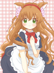 1girl ahoge alternate_costume animal_ears apron black_dress blush bow bowtie braid brown_hair cat_ears cat_girl clenched_hand closed_mouth commentary_request cowboy_shot dress enmaided flower flying_sweatdrops frilled_apron frills green_eyes hair_between_eyes hair_flower hair_ornament hairband hand_up highres kanbe_kotori kemonomimi_mode konomi_(konomi00e) long_hair looking_at_viewer maid maid_apron pastel_colors pink_flower plaid_background puffy_short_sleeves puffy_sleeves red_bow red_bowtie red_hairband rewrite short_sleeves shy sidelocks simple_background solo split_mouth tareme twin_braids twitter_username very_long_hair wavy_hair white_apron