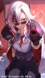 1girl absurdres alternate_costume arlecchino_(genshin_impact) black_eyes black_gloves black_pants coat coat_on_shoulders collared_shirt fur-trimmed_coat fur_trim genshin_impact gloves grey_hair gun hair_between_eyes highres holding holding_gun holding_weapon imasaki_kei long_sleeves necktie open_clothes open_coat pants parted_lips red_necktie shirt sitting sunglasses symbol-shaped_pupils vest weapon white_coat x-shaped_pupils