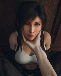 1boy 1girl 3d absurdres against_door black_hair black_skirt breasts cleavage cloud_strife crop_top ecksoh eyelashes film_grain final_fantasy final_fantasy_vii final_fantasy_vii_remake hand_on_another&#039;s_chin highres indoors large_breasts long_hair looking_at_viewer mokujin_hornywood mustard_sfm navel own_hands_together pov red_eyes skirt smile straight-on suspender_skirt suspenders swept_bangs tank_top tifa_lockhart upper_body white_tank_top