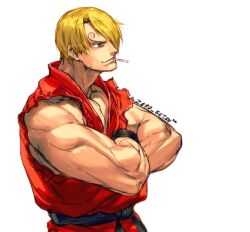 1boy artist_name cigarette commentary cosplay curly_eyebrows dougi english_commentary facial_hair hair_over_one_eye highres ken_masters ken_masters_(cosplay) male_focus muscular muscular_male mustache_stubble one_piece sanji_(one_piece) signature simple_background solo street_fighter stubble zero_setsu