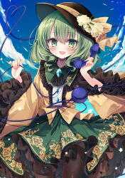 1girl :d absurdres black_pantyhose blue_sky blush buttons cloud collared_shirt corded_phone cowboy_shot day diamond_button eyeball floral_print flower frilled_shirt_collar frilled_skirt frilled_sleeves frills green_eyes green_hair green_skirt hair_between_eyes hat hat_flower hat_ribbon heart heart_of_string highres holding holding_phone kasane_(cynthia) komeiji_koishi long_sleeves looking_at_viewer medium_hair open_mouth outdoors pantyhose phone ribbon rose_print shirt short_hair skirt sky smile solo third_eye touhou wide_sleeves yellow_flower yellow_ribbon yellow_shirt