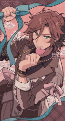 Rule 34 | 1boy, bracelet, brown hair, brown jacket, commentary, earrings, ensemble stars!, green eyes, hair between eyes, heart, highres, holding, holding heart, holding ribbon, jacket, jewelry, kiri futoshi, long sleeves, looking at viewer, male focus, mikejima madara, parted lips, ribbon, solo, spiked bracelet, spikes