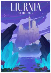 architecture aylameridiandrawsstuff border castle cloud crystal elden_ring english_text flower gothic_architecture highres in-universe_location landscape lotus no_humans outdoors poster_parody sky tree white_border