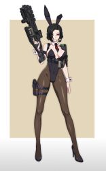 1girl absurdres animal_ears arm_at_side assault_rifle black_hair black_necktie breasts chest_harness covered_navel detached_collar fake_animal_ears fake_tail full_body gun hair_over_one_eye harness headset high_heels highleg highleg_leotard highres holding holding_gun holding_weapon holster large_breasts leotard looking_at_viewer mole mole_under_eye necktie original pantyhose playboy_bunny rabbit_ears rabbit_tail red_eyes rifle science_fiction short_hair solo standing strapless strapless_leotard tactical_playboy_bunny tail tanke_laide thigh_holster trigger_discipline very_short_hair weapon wrist_cuffs