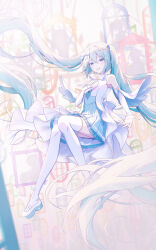 Rule 34 | 1girl, absurdres, aqua dress, aqua eyes, aqua hair, aqua necktie, awai uta, bow, breasts, detached sleeves, dress, hair between eyes, hair bow, hair ornament, hand on own chest, hatsune miku, highres, hiramado miku, kowareta sekai to utaenai miku, long hair, long sleeves, looking at viewer, miku day, necktie, open mouth, project sekai, sleeveless, sleeveless dress, small breasts, smile, solo, spoilers, thighhighs, twintails, very long hair, vocaloid, white bow, white thighhighs, x hair ornament