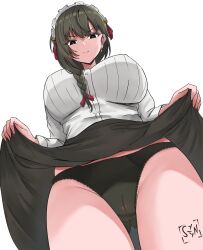 1girl alternate_breast_size black_eyes black_hair black_panties black_skirt bow braid breasts cameltoe closed_mouth clothes_lift commentary cowboy_shot dot_nose earrings english_commentary from_below glaring gluteal_fold hair_bow hair_over_shoulder highres jewelry kimi_wa_meido-sama large_breasts lifting_own_clothes long_hair looking_at_viewer maid maid_headdress panties red_bow shirt signature simple_background single_braid skirt skirt_lift solo standing syyn_(syyndev) thighs underwear white_background white_shirt yuki_(kimi_wa_meido-sama)