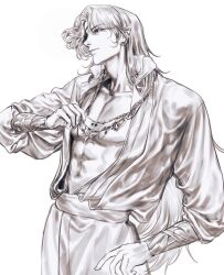1boy absurdres bracer braid chinese_clothes closed_mouth cowboy_shot earrings eyepatch hand_on_own_hip highres hua_cheng jewelry jigam long_hair long_sleeves looking_ahead male_focus monochrome necklace open_clothes pectorals pointy_ears solo tianguan_cifu toned toned_male