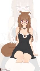 1girl :o absurdres animal_ears arm_support black-framed_eyewear black_choker black_dress blush breasts brown_hair choker commentary cropped_legs dress english_commentary glasses heart highres holo large_breasts likunea long_hair looking_at_viewer open_mouth patreon_logo patreon_username pendant_choker red_eyes semi-rimless_eyewear sitting sleeveless sleeveless_dress spice_and_wolf tail twitter_username twitter_x_logo under-rim_eyewear very_long_hair wolf_ears wolf_girl wolf_tail zoom_layer