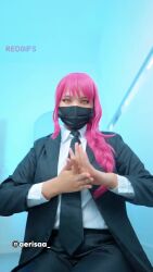 1girl aerisaa animated ass bra breasts chainsaw_man cosplay highres makima_(chainsaw_man) nipples panties pussy real_life small_breasts tagme underwear undressing video
