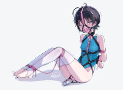 1girl ahegao ahoge arms_behind_back ball_gag bare_shoulders bdsm black_hair blue_eyes blush bondage bound bound_ankles bound_arms bound_legs box_tie breasts collar competition_swimsuit covered_erect_nipples covered_navel crying crying_with_eyes_open dildo dildo_harness drooling female_focus forced_orgasm gag gag_harness gagged harness liclac loli object_insertion one-piece_swimsuit one_eye_closed original pussy_juice pussy_juice_trail restrained saliva saliva_trail sex_toy shibari shibari_over_clothes short_hair sitting skindentation slave small_breasts solo stirrup_legwear swimsuit tears toeless_legwear vaginal vaginal_object_insertion vibrator