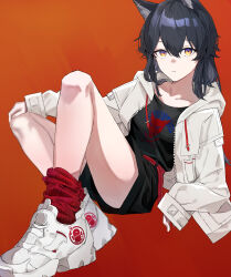 Rule 34 | 1girl, absurdres, alternate costume, animal ears, arknights, bare legs, black hair, black shirt, black shorts, closed mouth, clothes writing, collarbone, commentary, drawstring, full body, gradient background, hair between eyes, hand on own knee, highres, hood, hood down, hooded jacket, jacket, kei11525, knees up, legs, long hair, long sleeves, loose socks, multicolored eyes, orange background, purple eyes, red socks, shirt, shoes, shorts, sneakers, socks, solo, t-shirt, texas (arknights), two-tone eyes, white jacket, white shoes, wolf ears, wolf girl, yellow eyes