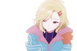 Rule 34 | 1other, antenna hair, aqua coat, blonde hair, coat, ganbin, gnosia, hair between eyes, hair ornament, hairclip, other focus, red eyes, setsu (gnosia), short hair, simple background, solo, turtleneck, upper body
