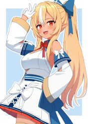Rule 34 | 1girl, blonde hair, blue bow, bow, dark-skinned female, dark elf, dark skin, dress, elbow gloves, elf, gloves, hair bow, hand on own hip, highres, hololive, kaie, long hair, multicolored hair, open mouth, pointy ears, ponytail, red eyes, shiranui flare, shiranui flare (1st costume), smile, solo, two-tone hair, virtual youtuber, white dress, white gloves, white hair, white sleeves