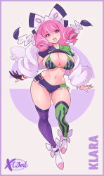 1girl bad_id bad_pixiv_id bow bra breasts character_name clothes_lift coat drill_hair full_body fur_coat gloves gluteal_fold hair_bow highres klara_(pokemon) large_breasts navel nintendo open_mouth pink_hair poke_ball_symbol pokemon pokemon_swsh purple_eyes shirt_lift short_shorts shorts simple_background single_glove solo stomach thigh_gap thighhighs underwear white_background x-t3al