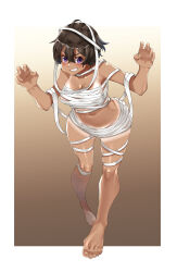 Rule 34 | 1girl, bandages, barefoot, blush, breasts, brown background, brown hair, claw pose, cleavage, commentary request, dark-skinned female, dark skin, eiji (eiji), full body, gluteal fold, grin, hair between eyes, highres, large breasts, looking at viewer, make heroine ga oo sugiru!, mummy costume, naked bandage, navel, open mouth, purple eyes, short hair, smile, solo, stomach, tan, tanline, teeth, toes, yakishio lemon