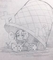 :o ahoge blush cheating_(competitive) chibi cho-han commentary_request cup dice graphite_(medium) greyscale hair_ornament highres hood hood_down hoodie ladder leaning_forward long_sleeves looking_at_viewer mini_person minigirl monochrome open_clothes open_hoodie short_hair sidelocks speech_bubble thighhighs toriniku29 traditional_media translation_request vocaloid voiceroid yuzuki_yukari