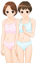 2girls blue_bra blue_panties blush bra breasts brown_eyes brown_hair cameltoe collarbone crotch_seam dedenden_(pixiv30568724) hand_on_own_chest looking_at_viewer multiple_girls navel original panties pink_bra pink_panties short_hair small_breasts smile standing underwear white_background