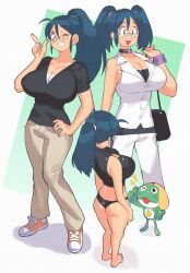 Rule 34 | &gt; o, 1girl, ass, bag, barefoot, bikini, black bikini, black shirt, blue eyes, blue hair, breasts, brown pants, cleavage, cleavage cutout, clothing cutout, collarbone, glasses, hand on own hip, handbag, highres, hinata aki, inkerton-kun, keroro, keroro gunsou, large breasts, looking at another, one eye closed, open mouth, orange shoes, pants, pince-nez, ponytail, round eyewear, shirt, shoes, sneakers, swimsuit, teeth, thumbs up, twintails, upper teeth only