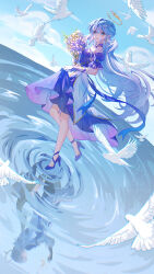 1boy 1girl absurdres aqinorz artist_name bare_shoulders bird blue_ribbon brother_and_sister choker cloud cloudy_sky detached_sleeves dress earrings feathers flower gloves hair_between_eyes halo head_wings high_heels highres holding holding_flower honkai:_star_rail honkai_(series) jewel_under_eye jewelry long_hair open_mouth outdoors purple_choker ribbon robin_(honkai:_star_rail) siblings sky smile standing standing_on_one_leg strapless strapless_dress sunday_(honkai:_star_rail) white_gloves wings