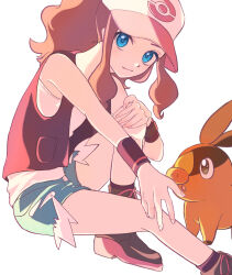 1girl absurdres baseball_cap blue_eyes boots brown_hair closed_mouth commentary_request exposed_pocket gen_5_pokemon hat highres hilda_(pokemon) long_hair nintendo open_clothes open_vest pokemon pokemon_(creature) pokemon_bw ryusa_(gjgd7445) shirt shorts sidelocks simple_background sleeveless sleeveless_shirt smile socks tepig vest white_background white_hat white_shirt wristband