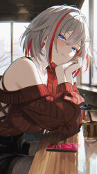 Rule 34 | 1girl, absurdres, alternate costume, black pantyhose, black shorts, blue eyes, blush, cellphone, closed mouth, colored inner hair, commentary request, cup, drinking glass, drinking straw, from side, grey hair, highres, honkai: star rail, honkai (series), indoors, looking at viewer, maria (maria rose), multicolored hair, pantyhose, phone, red hair, red streaks, red sweater, short hair, short shorts, shorts, single bare shoulder, single off shoulder, sitting, smartphone, smile, solo, streaked hair, sweater, topaz (honkai: star rail), two-tone hair