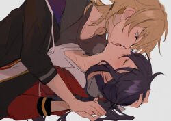 2boys ahoge black_hoodie black_shirt blonde_hair blush brown_eyes closed_eyes collarbone drawstring ensemble_stars! french_kiss grey_background hair_between_eyes hakaze_kaoru hand_on_another&#039;s_head head_back highres holding_hands hood hoodie kanzaki_souma kaoso kiss long_hair long_sleeves looking_at_another lying male_focus motoyui multiple_boys off_shoulder on_back pectoral_cleavage pectorals pinned ponytail puff_of_air purple_hair red_hoodie shirt sidelocks sweat tongue tongue_out white_shirt wolf_cut yaoi
