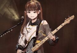 1girl bang_dream! bang_dream!_it&#039;s_mygo!!!!! bass_guitar black_eyes brown_background brown_hair fang highres instrument kohinata_mika long_hair long_sleeves microphone music nagasaki_soyo open_mouth playing_guitar playing_instrument real_life solo voice_actor xiao_huajii