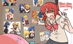 4girls absurdres ahoge blonde_hair blue_hair blush bocchi_the_rock! bow bowl bulletin_board closed_mouth cube_hair_ornament drooling gotoh_hitori green_eyes hair_ornament handkerchief heart highres hug ijichi_nijika kiss kissing_cheek kita_ikuyo long_hair looking_at_another looking_at_viewer medium_hair multiple_girls nattydodo_002 open_mouth photo_(object) pink_hair pushpin red_bow red_hair school_uniform short_hair shuka_high_school_uniform side_ponytail sleeping wavy_mouth yamada_ryo
