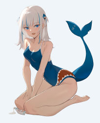 absurdres bare_shoulders barefoot blue_eyes blue_hair breasts covered_navel fins fish_tail gawr_gura grey_hair highres hololive hololive_english ke&#039;ai_qu_qu kneeling long_hair looking_at_viewer multicolored_hair one-piece_swimsuit open_mouth shark_girl shark_tail skin_tight small_breasts swimsuit tail teeth thighs tongue upper_teeth_only white_background