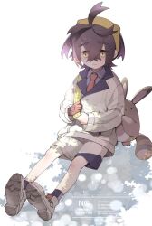 1boy black_hair blue_shirt blue_socks closed_mouth collared_shirt gen_2_pokemon gloves hair_between_eyes hairband jacket kieran_(pokemon) long_sleeves male_focus mmmmmarilll mole mole_on_neck multicolored_hair nintendo pokemon pokemon_(creature) pokemon_sv purple_hair sentret shirt shoes shorts simple_background single_glove sitting socks solid_oval_eyes watermark white_jacket white_shoes white_shorts yellow_eyes yellow_hairband