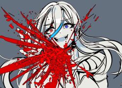 1girl blood blood_spray eyelashes female_focus grey_background greyscale hair_between_eyes heterochromia long_hair monochrome multicolored_hair open_mouth purple_eyes red_eyes simple_background solo solo_focus streaked_hair teeth the_hundred_line_-last_defense_academy- upper_body v&#039;ehxness