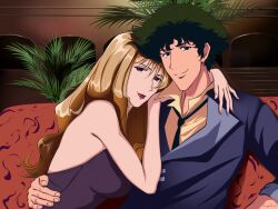 Rule 34 | 1boy, 1girl, absurdres, arm around back, arm around neck, bare arms, blonde hair, blue eyes, blue jacket, closed mouth, collared shirt, couch, couple, cowboy bebop, dress, green hair, hair between eyes, hetero, highres, indoors, jacket, julia (cowboy bebop), long hair, looking at viewer, lucyguusi, necktie, purple dress, red lips, shirt, short hair, sleeveless, sleeveless dress, smile, spike spiegel, wavy hair, yellow shirt