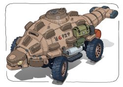 ankylosaurus armored_vehicle bag gatling_santouhei highres no_humans original shadow simple_background wheel white_background