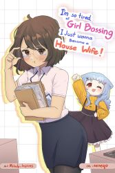 2girls :t artist_name black_pantyhose black_skirt blue_hair borrowed_character brown_eyes brown_hair buttons collared_shirt commentary cowboy_shot creator_(neneneqo) english_commentary english_text frills glasses highres holding holding_paper medium_hair melody_inspires multiple_girls neqo_(character) office_lady original pantyhose paper pencil_skirt pout red_eyes round_eyewear shirt shirt_tucked_in short_sleeves simple_background skirt solo_focus sweater white_background white_shirt yellow_sweater
