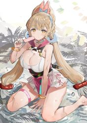 Rule 34 | 1girl, alice thymefield, alice thymefield (sea of thyme), alternate breast size, animal ears, blonde hair, breasts, cleavage, closed mouth, ear-to-ear, food, highres, holding, holding food, holding popsicle, large breasts, long hair, looking at viewer, low twintails, no heterochromia, official alternate costume, outdoors, popsicle, rabbit ears, rabbit girl, solo, swimsuit, the olphy, thigh strap, thighs, twintails, very long hair, yellow eyes, zenless zone zero