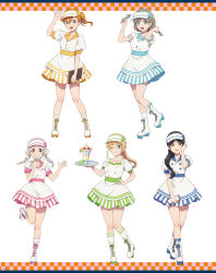 5girls arashi_chisato artbook black_hair blonde_hair blue_eyes boots braid dress food full_body green_eyes grey_hair grin hair_between_eyes hat hazuki_ren heanna_sumire highres holding lace-up_boots long_hair looking_at_viewer love_live! love_live!_superstar!! multiple_girls non-web_source official_art one_eye_closed open_mouth orange_hair parfait ponytail purple_eyes red_eyes roller_skates shibuya_kanon short_hair short_sleeves skates smile spoon standing standing_on_one_leg tang_keke tray twin_braids twintails waitress white_hair yellow_eyes