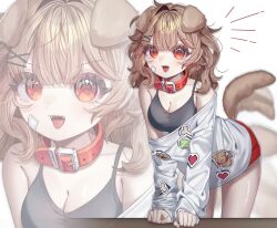 0_o_s_k 1girl :d animal_ears bad_id bad_twitter_id bare_shoulders black_camisole blush breasts brown_hair camisole cleavage cowboy_shot dog_ears dog_girl dog_tail hair_ornament hairclip highres large_breasts long_hair long_sleeves off_shoulder open_mouth original red_eyes red_shorts shirt shorts simple_background smile solo tail tail_wagging tongue tongue_out white_background white_shirt x_hair_ornament