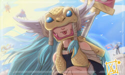 apollomon blue_hair braid covered_eyes dianamon digimon digimon_(creature) highres long_hair marsmon mask minervamon wings