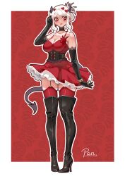 Rule 34 | 1girl, absurdres, bare shoulders, black gloves, black horns, boots, breasts, demon, demon girl, demon horns, demon tail, dress, gloves, heart, heart-shaped pupils, helltaker, high heel boots, high heels, highres, horns, looking to the side, modeus (helltaker), pandawei, red background, red dress, red eyes, red thighhighs, standing, stiletto boots, stiletto heels, symbol-shaped pupils, tail, thighhighs, thighs, white hair