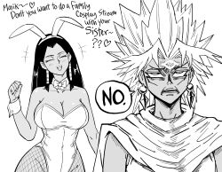 1boy 1girl absurdres alternate_breast_size ancient_egyptian animal_ears bb_(baalbuddy) bow bowtie breasts brother_and_sister cleavage closed_eyes cosplay curvy dark-skinned_female dark-skinned_male dark_skin detached_collar disgust earrings english_text fake_animal_ears fishnet_pantyhose fishnets greyscale hairband highleg highleg_leotard highres ishizu_ishtar jewelry large_breasts leotard long_hair looking_at_another monochrome no_way_fag_(meme) pantyhose playboy_bunny siblings simple_background speech_bubble spiked_hair strapless strapless_leotard white_background wide_hips wrist_cuffs yami_marik yu-gi-oh!