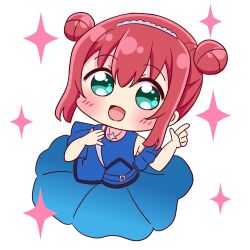 1girl :d aqua_eyes blue_shirt blue_skirt blush commentary_request double_bun eikyuu_hours hair_bun highres jewelry kurosawa_ruby looking_at_viewer love_live! love_live!_sunshine!! necklace official_alternate_costume official_alternate_hairstyle open_mouth red_hair shirt short_hair sidelocks skirt skirt_set smile solo sparkle star_(symbol) star_necklace suppii